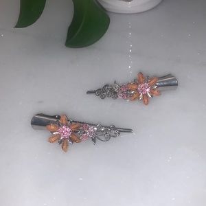 Vintage Style Silver Hair Clips/Barretts Set of Two Pink Flower Gemstones gift